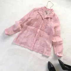 ブラウス　シースルー　シア　シャツ　ピンク　フリル　M 長袖