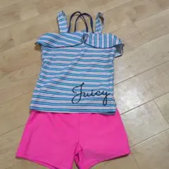 【458】青白ピンクのボーダー　ワンピース　キッズ　水着　140cm