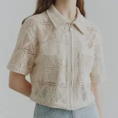 noirer CROCHET ZIP-UP CROP SHIRT BEIGE