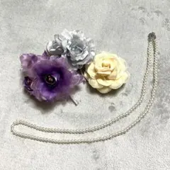 コサージュ3点セット／パープル・シルバー・クリーム色／パール調ネックレス付