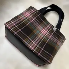 帆布使いトートバッグ=秋・冬バージョンタータンチェック茶系×桃・青
