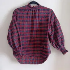 レディース　チェック柄長袖シャツ フリル付き　綿100%　赤