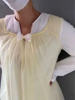 古着 アンティーク ビンテージ 70s リボン レース 黄色 ノースリーブ 美品