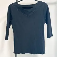 ロペピクニック 黒 リブ編み 五分袖 Tシャツ トップス レース 40サイズ