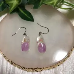 レジン、花、ハンドメイド、しずく型、ピンクピアス