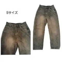 ワイドレッグ デニムジーンズ ハイウエスト デザインデニム Sサイズ 古着風