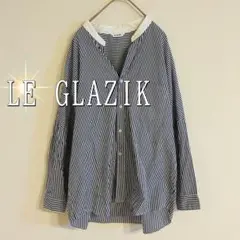 LE GLAZIK オーバーサイズストライプ長袖バンドカラーシャツ（S）青のサムネイル
