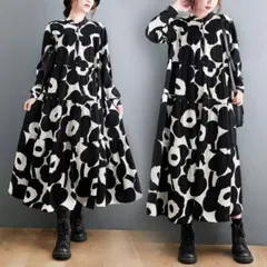 黒 モノトーン ドレス ワンピース 花柄 大きめ マタニティ 冬服