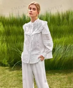 SHEIN コットンブラウス　刺繍　XS（日本M）白のサムネイル