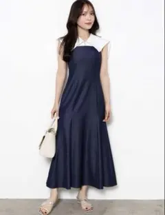 【美品】シャツドッキング配色ノースリワンピース