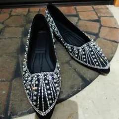 新品未使用！黒 パールビーズ装飾 フラットシューズ38インチ