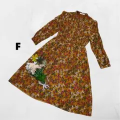 スピンズ♪花柄ワンピース 長袖 フリルネック ウエストゴム 春秋 F オレンジのサムネイル