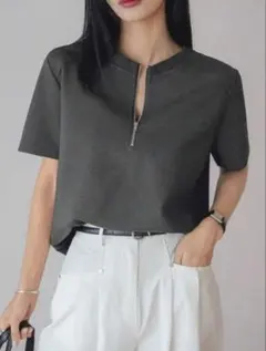 Dazy-Less ジッパー フロントジップVネック 半袖 Tシャツ オフィス