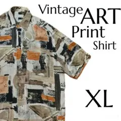 総柄 半袖 アート シャツ 実寸XL 古着 ヴィンテージ オーバーサイズ アロハのサムネイル