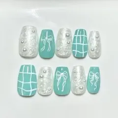 【即購入OK】ミントネイル　ミントカラー　パールネイル　リボンチェックNo.55
