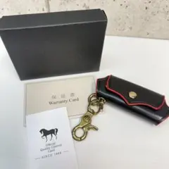 F.shion レザー キーケース 黒/赤 真鍮金具 本革