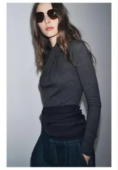 新品　ZARAザラ　フロントドレープ入りTシャツ M チャコールグレーマール