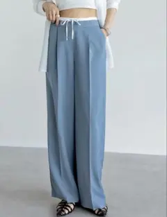 【新品】リネンライクダブルウエストスラックスM ブルーのサムネイル