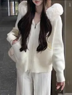 SHEIN フード付き ニット アウター 白