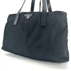 美品✨　プラダ　トートバッグ　三角ロゴプレート　ナイロン　レザー　ブラック　黒