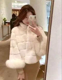 新品 韓国風 エコファー コート ジャケット 袖ファー ミンク風 ショート丈 白