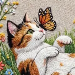 【刺繍キット】三毛猫と花畑 初心者 手芸 ハンドメイド 20cm 枠付き