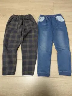 チェック柄とデニム風ロングパンツ