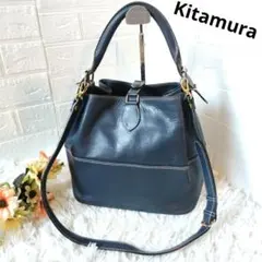Kitamuraキタムラ 2way バケツ型 レザーショルダーバッグ ネイビー