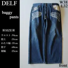 DELF ワイドデニム バギーパンツ 刺繍あり b-boy ヒップホップ W38