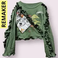 Ｌ✨長袖ショート丈✨ダメージロンＴシャツ✨犬プリントカーキグリーン✨古着リメイク