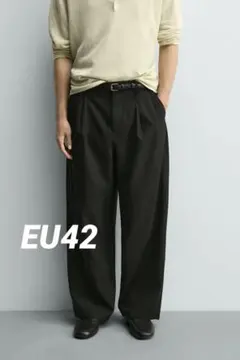ZARA リラックスフィットプリーツパンツ 42 新品 ブラック