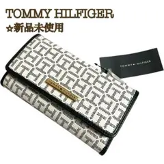 【新品】トミーヒルフィガー クラッチウォレット 長財布 グレーロゴネイビートリム