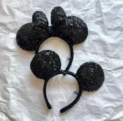 ディズニー　ミッキー　ミニー　ブラック　スパンコール　カチューシャ　セット