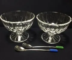 昭和レトロ 脚付きデザートグラス 2個 未使用品 スプーン付