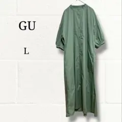 GU ジーユー バンドカラー シャツワンピース L グリーン ボリューム袖