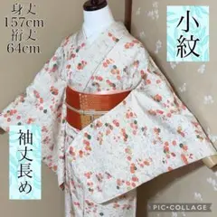 正絹 小紋 袖丈長め 小花文様 四季草花文 オフホワイト 157cm