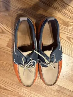 オレンジ ネイビー レザー モカシン