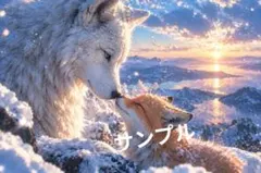 雪山とオオカミとキツネのイラスト ポストカード