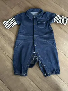 デニムロンパース ストライプ袖付き