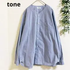 トーン ノーカラー長袖シャツ　S ストライプ柄　綿100% 万能　日本製✨