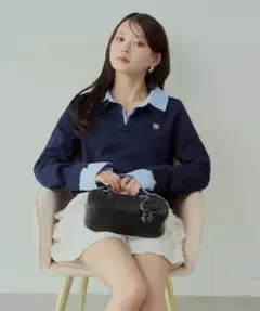 Chico 刺繍入り襟付きポロニット　navy