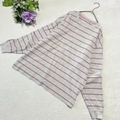 ニコアンド ボーダー ロングTシャツ グレー ×ピンク オーバーサイズ L