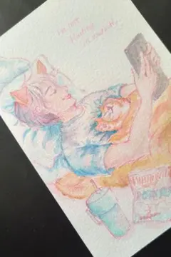 水彩画 ネコと（はがき大）