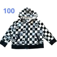 キッズパーカー100フルジップ　チェッカー柄　市松模様　白×黒