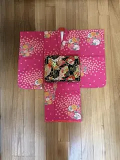 289-卒業袴❤︎着物&袴2点セット 裄長 水色にピンクの梅 襦袢と帯の 