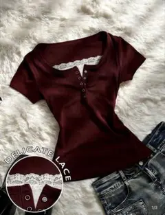 EMERY ROSE レース付きボタンデザイン 半袖Tシャツのサムネイル