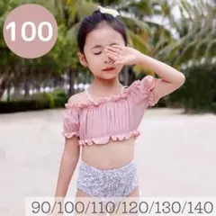 ピンク×小花柄　100cm パフスリーブ　スイムウェア　水着　韓国子供服　女の子