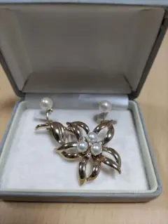 ゴールド花形 パールブローチ・パールイヤリング