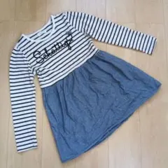 子供服　長袖　ワンピース　140　ボーダー　デニム　リボン