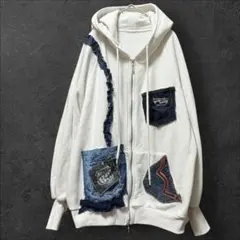 白 パーカー リメイク／デニム装飾 ダメージ系／犬プリント／ゆったりサイズ